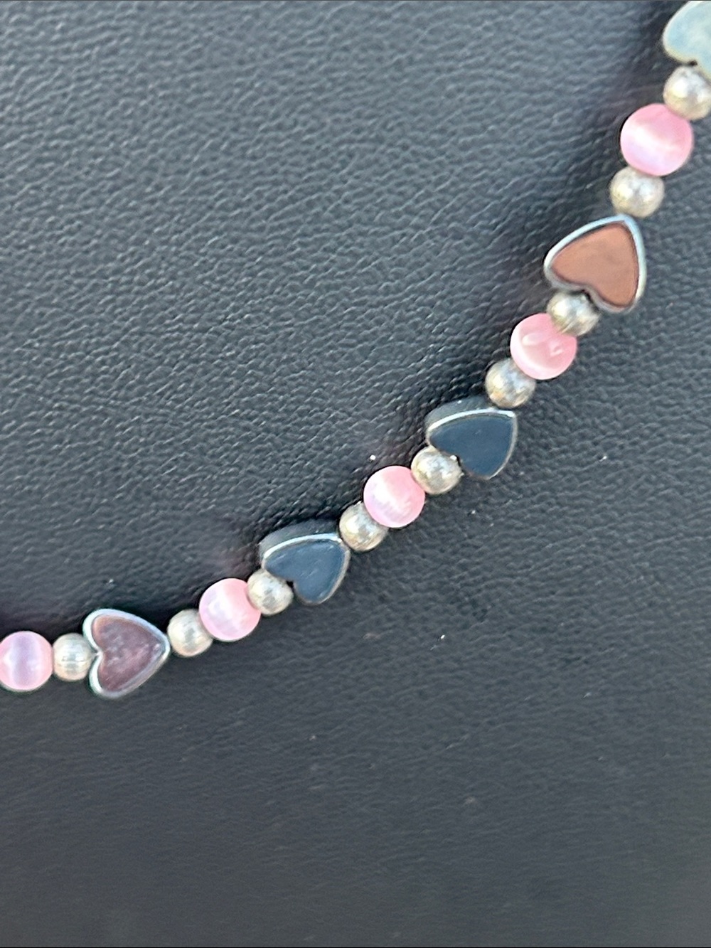 Vintage Pink Cats Eye and Hematite Heart Bead Necklace - Picture 4 of 8